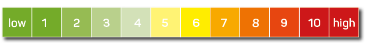 Risk assessment scale for system downtime from 1 to 10 with gradient from green (1) via yellow (6) to red (10)